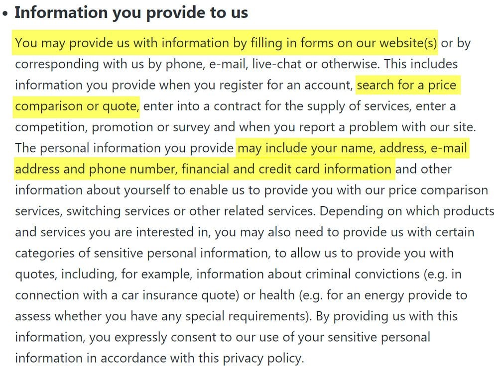 Privacy Policy of uSwitch: Information You Provide Clause