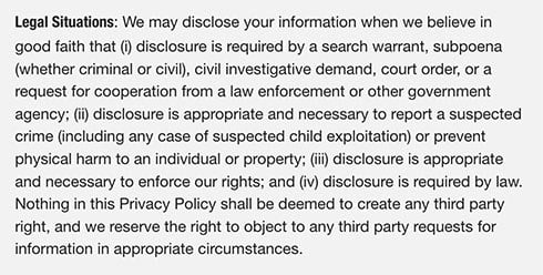 Vimeo Privacy Policy: Legal Situations clause