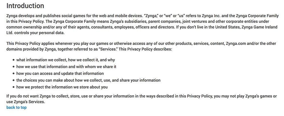 Zynga Privacy Policy Introduction clause