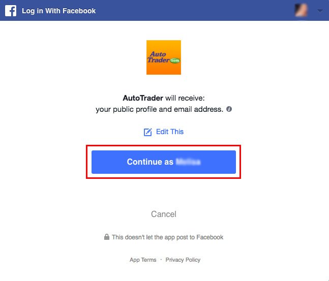 Screenshot of Autotrader's login with Facebook and consent button