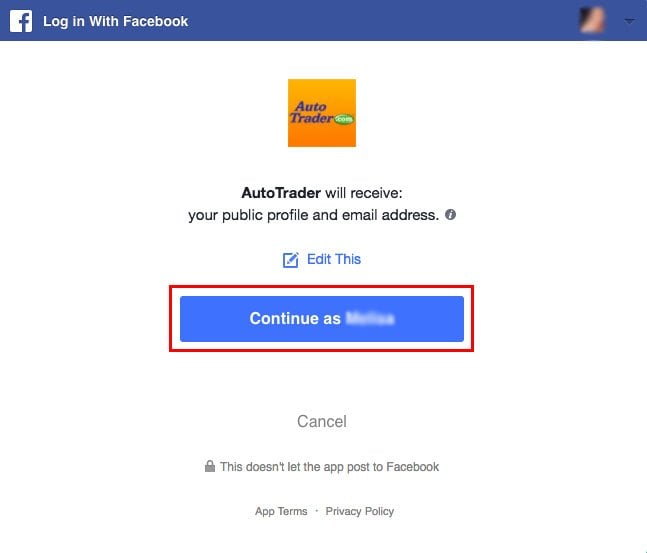 Screenshot of Autotrader's login with Facebook and consent button