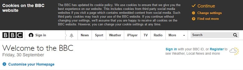 BBC: Example of Cookies Notification