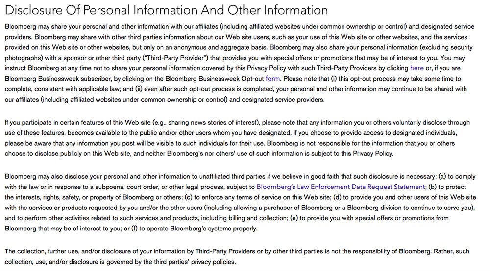 Privacy Policy of Bloomberg: Clause explaining personal data disclosure with affiliates