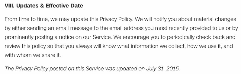 Screenshot of CNN&#039;s Privacy Policy Updates and Effective Date Clause