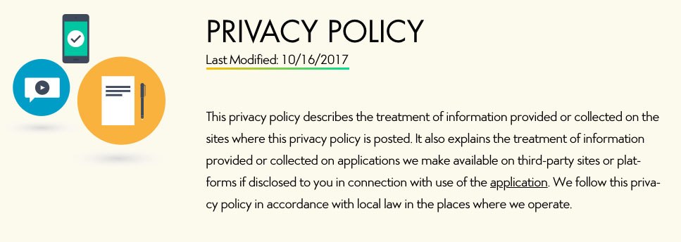 Screenshot showing last modified date of Disney&#039;s Privacy Policy as of October 16, 2017