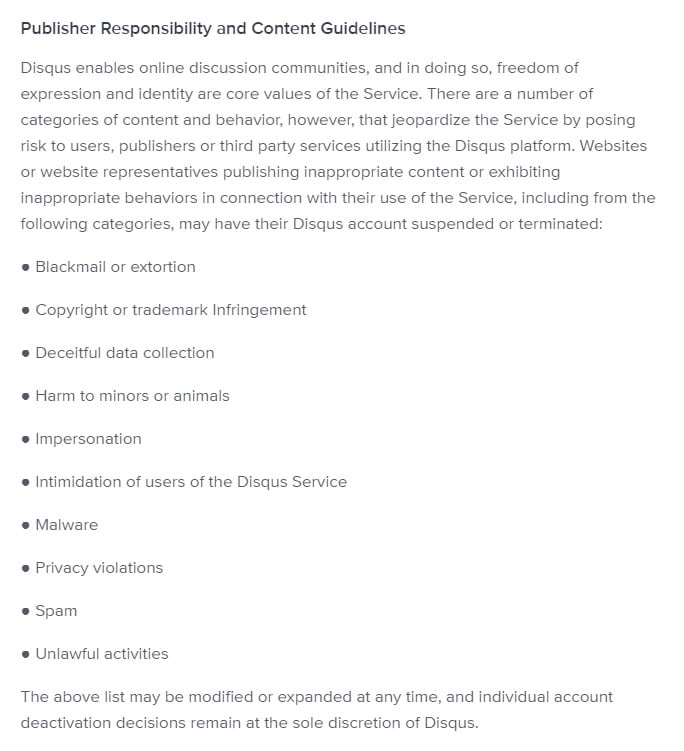 Disqus Terms of Service: Publisher Responsibility and Content Guidelines clause