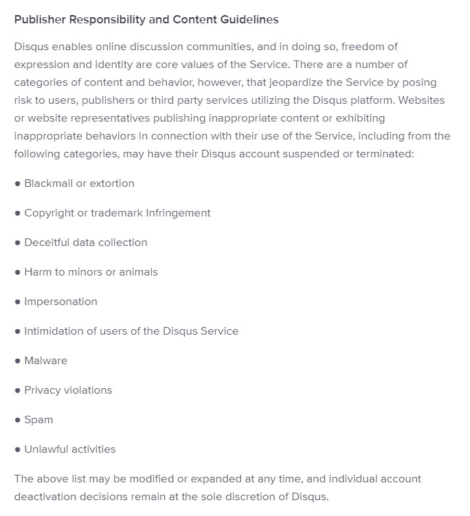 Disqus Terms of Service: Publisher Responsibility and Content Guidelines clause