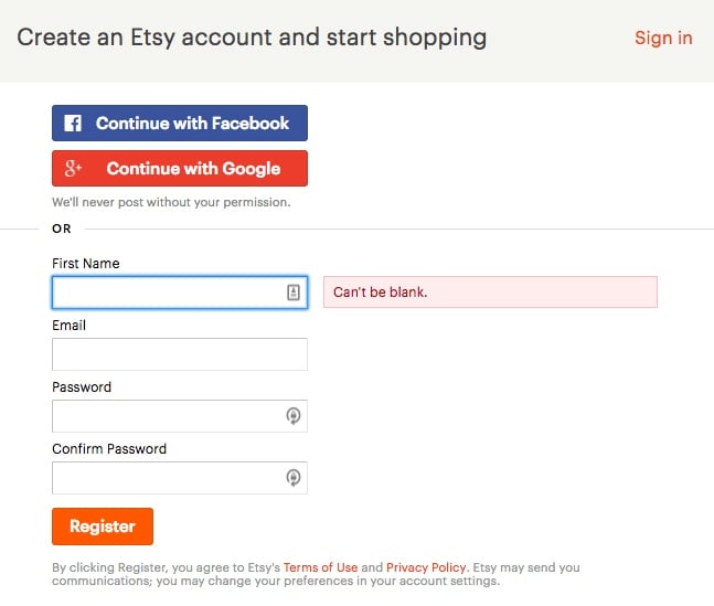 Etsy's Create an account form