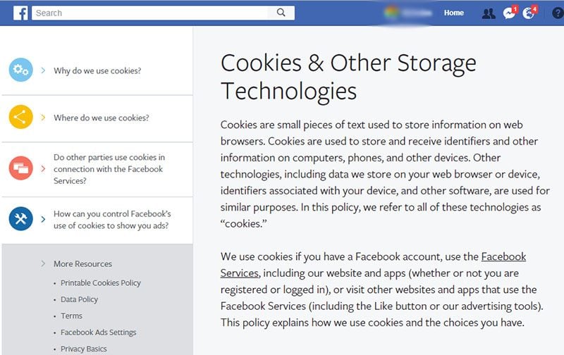 Facebook Policies -  Cookies: Cookies and Other Storage Technologies clause
