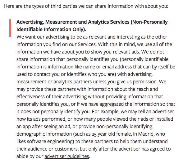 Facebook Privacy Policy: Advertising, Measurement and Analytics Services clause