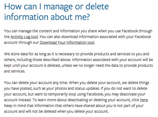 Facebook Privacy Policy: How Can I manage or delete information about me clause
