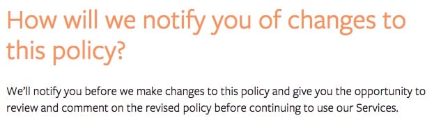 Facebook Privacy Policy: Notification of changes to policy clause
