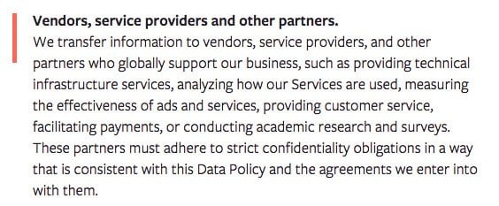 Facebook Privacy Policy: Vendors, service providers and other partners clause