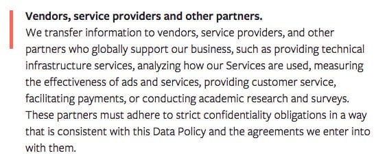 Facebook Privacy Policy: Vendors, service providers and other partners clause