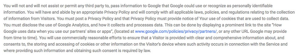 Screenshot of Google Analytics&#039; Terms of Service that Require a Privacy Policy