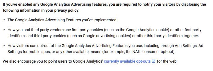 Google&#039;s Policy Requirement for Analytics mentioning a privacy policy and notification requirement