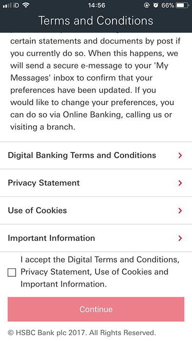 Screenshot of HSBC App Clickwrap Agreement