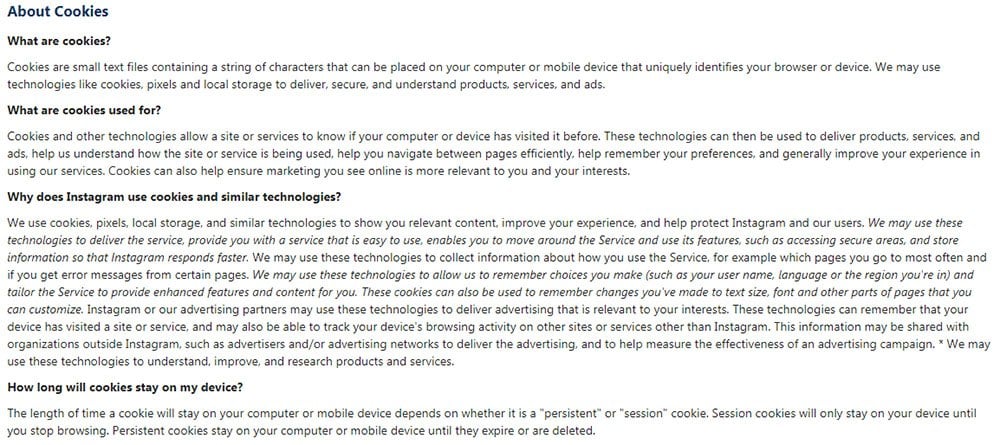 Instagram Cookies Policy: About Cookies clauses