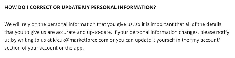 Screenshot of KFC&#039;s Privacy Policy Data Updates Clause