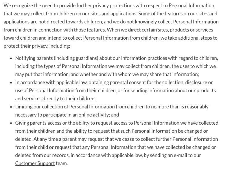 Linden Labs Privacy Policy: Notifications to Minors Clause