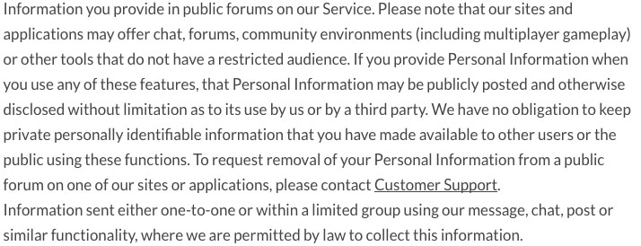 Linden Labs Privacy Policy - Public Forums Clause