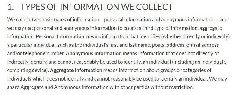 Linden Labs Privacy Policy: Types of Information collected and used clause