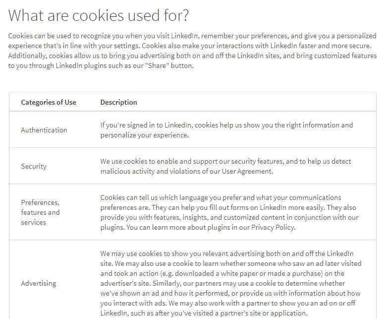 LinkedIn Cookies Policy: What are Cookies Used For clause