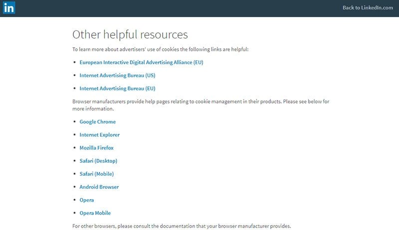 LinkedIn Cookies Policy: Other Helpful Resources links list