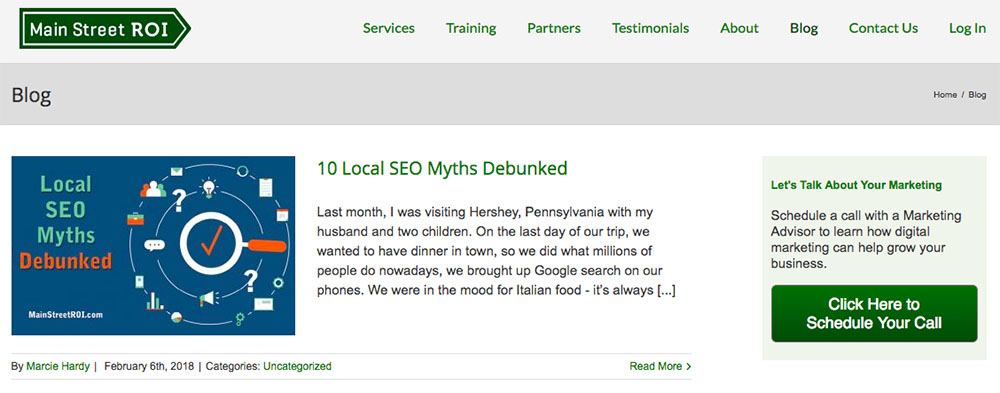 Screenshot of the homepage of the Main Street ROI blog