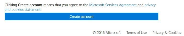 Microsoft: Create Account button clicking means you agree to Policies