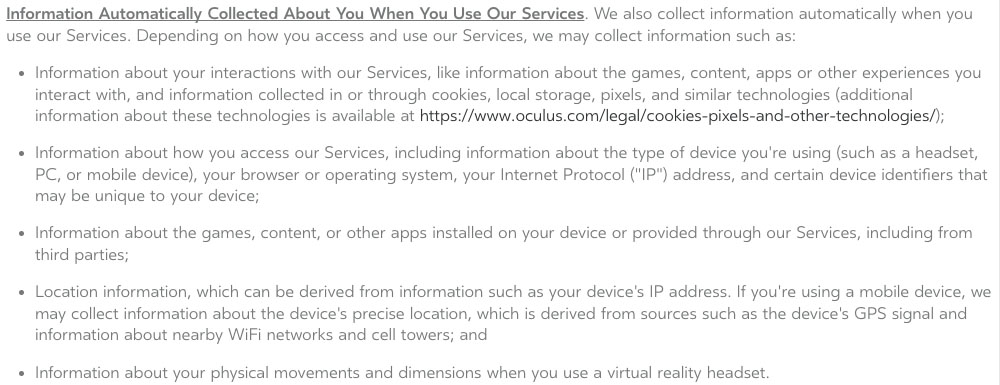 Oculus Privacy Policy: Information Automatically Collected clause
