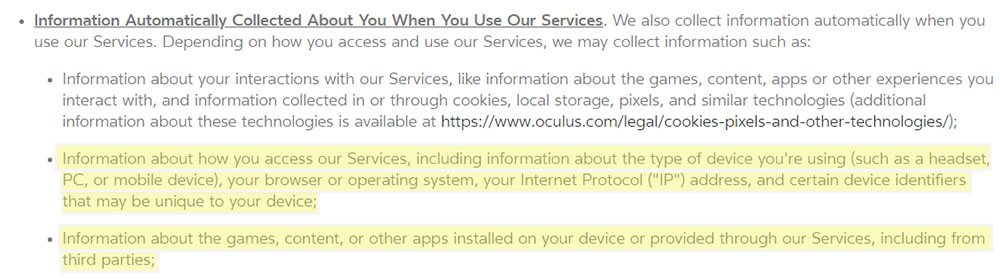 Oculus Privacy Policy: Information Automatically Collected - Device identifiers, other apps clause