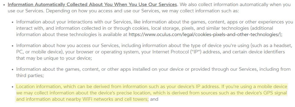 Oculus Privacy Policy: Information Automatically Collected - location information clause