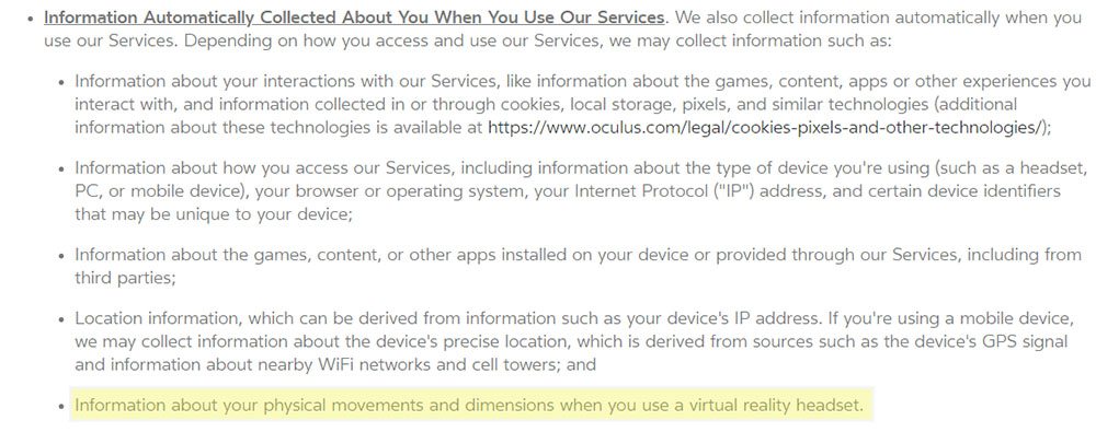 Oculus Privacy Policy: Information Automatically Collected - physical movements and dimensions clause