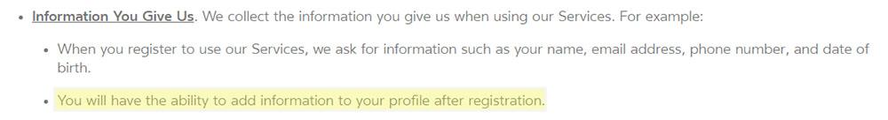 Oculus Privacy Policy: Information You Give Us - after registration clause