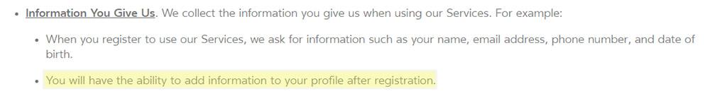 Oculus Privacy Policy: Information You Give Us - after registration clause