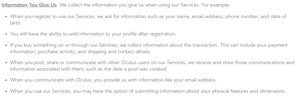 Oculus Privacy Policy: Information You Give Us clause