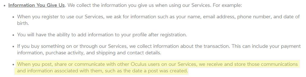 Oculus Privacy Policy: Information You Give Us - Communications with other users clause