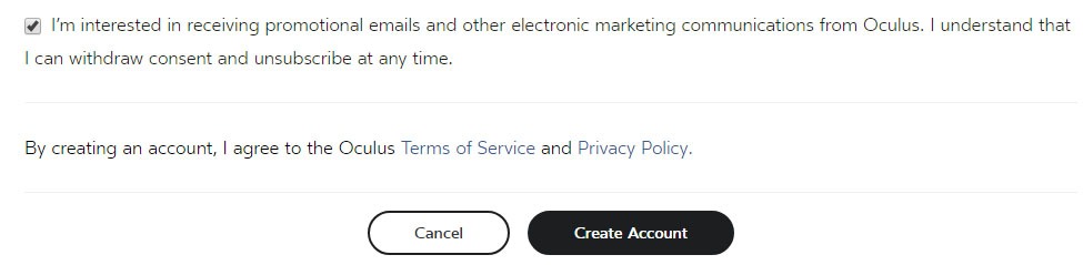 Oculus user sign-up form with Create Account button and links to Privacy Policy and Terms