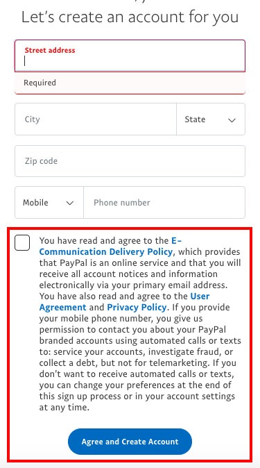 PayPal&#039;s create an account form with clickwrap checkbox for agreements
