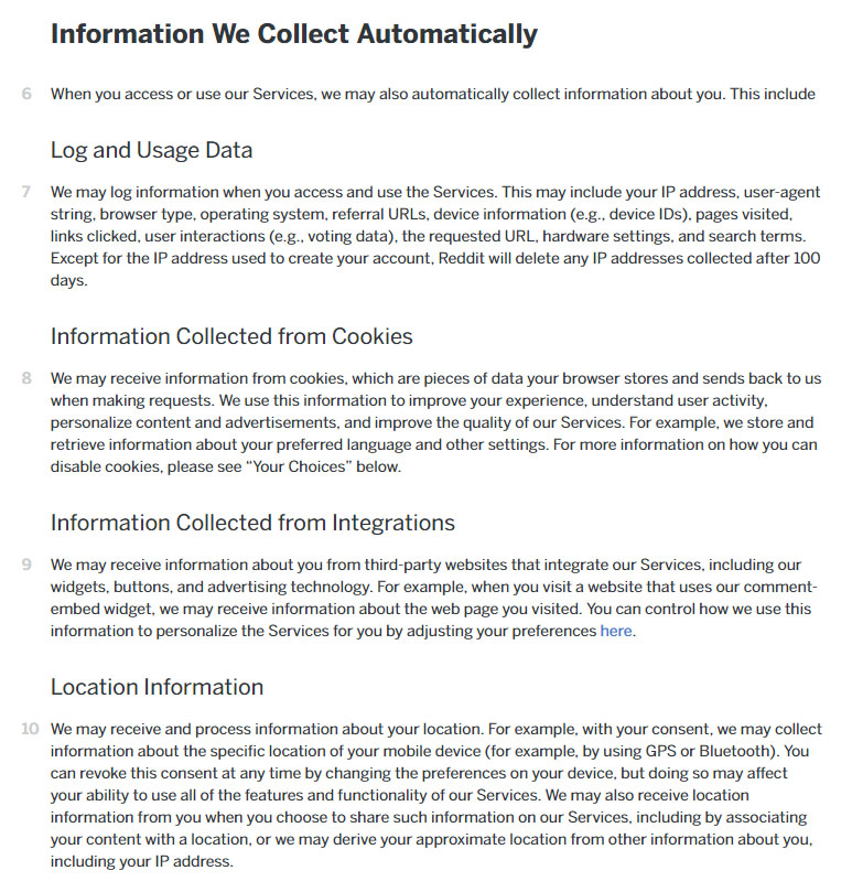 Reddit Privacy Policy: Information We Collect Automatically clause