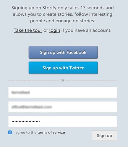 Storify Sign up Screen with I Agree to Terms of Service clickwrap