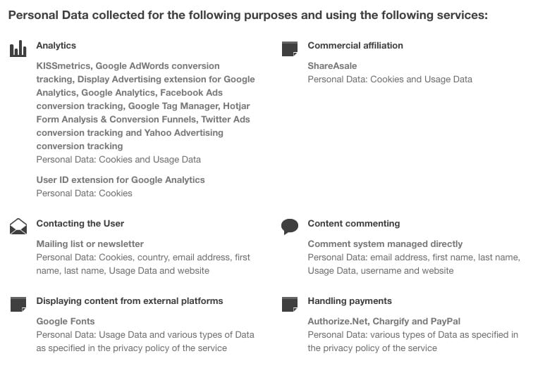 Screenshot of StudioPress Privacy Policy Showing Purposes of Personal Data Collected