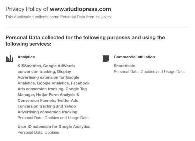 Screenshot of StudioPress Privacy Policy Clause Showing Purpose of Data Collecting for Analytics and Commercial Affiliation Data