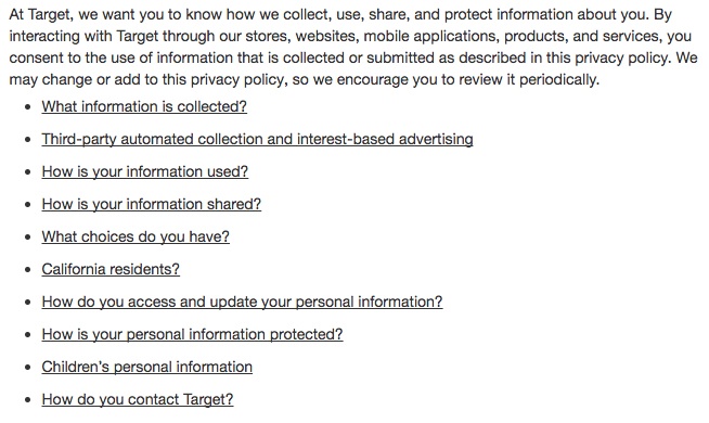 Target Privacy Policy table of contents