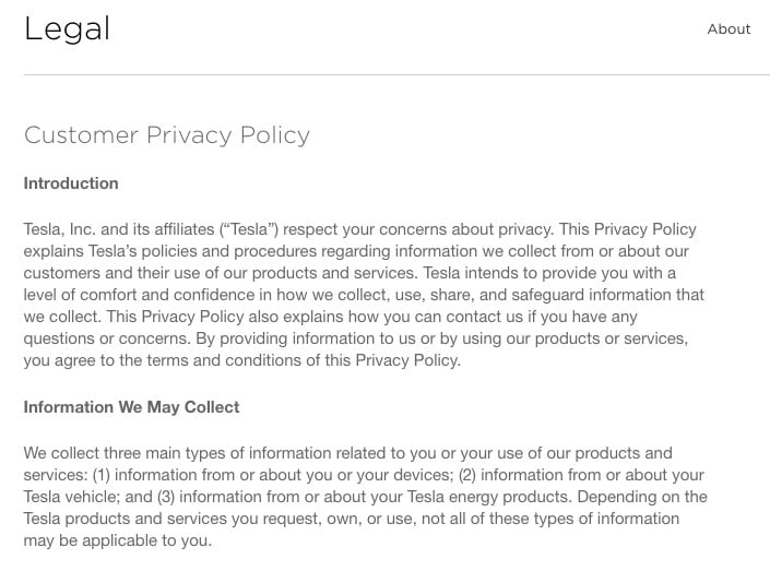 Screenshot of Tesla&#039;s Legal Page with Customer Privacy Policy Clauses