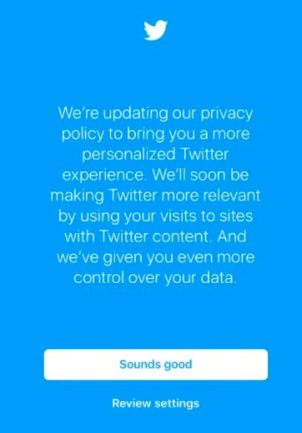 Example from Twitter: Updated Privacy Policy notification using clickwrap