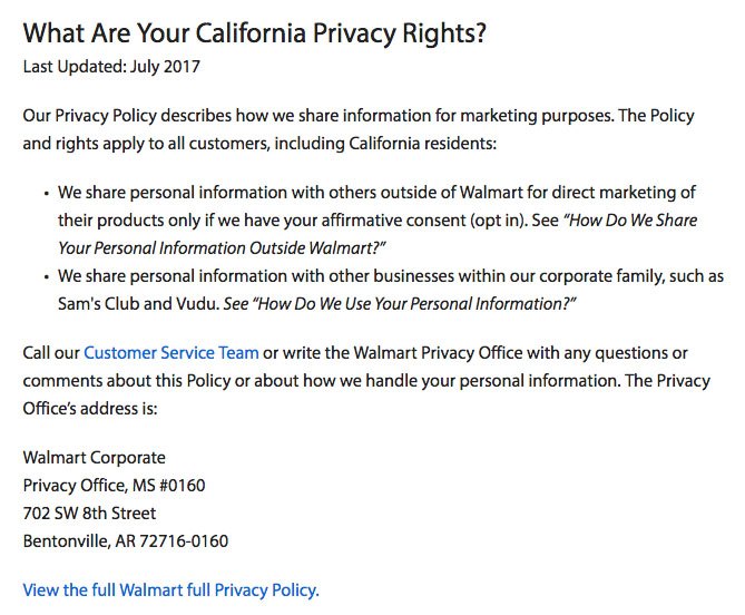 Walmart Privacy Policy: What are your California Privacy Rights clause