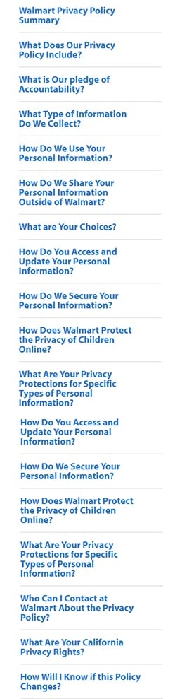 Walmart Privacy Policy table of contents