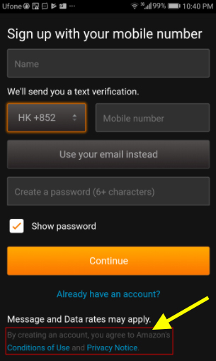 Screenshot of the Amazon Prime Video Mobile App Clickwrap Consent on the Registration Screen